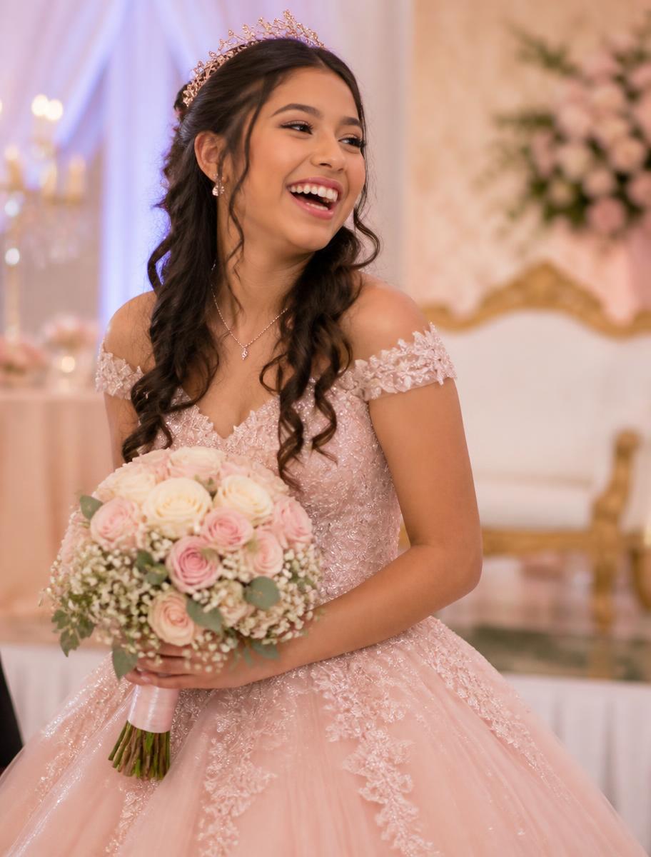 Anabel sonriendo con un ramo de rosas